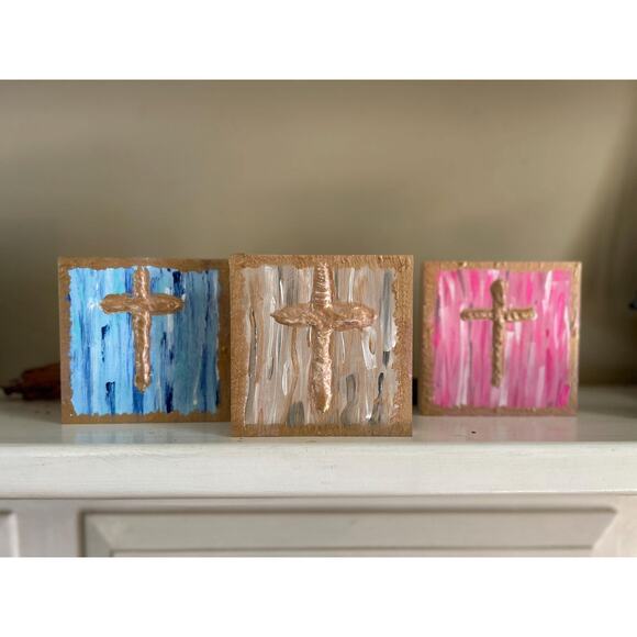 Gold Cross Wood Painting Hand Painted 5x5 Block White Raised Cross Pink Style - Picture 6 of 9